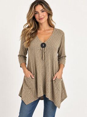 Dalin Women’s Textured Boho Tunic Top Asymmetrical Hem Pocket Blouse Size Large